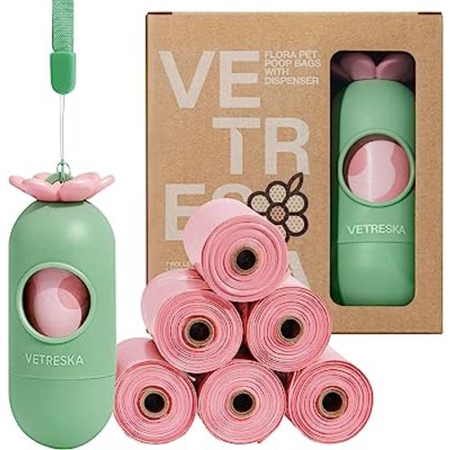 VETRESKA Biodegradable Dog Poop Bag Dispenser with Lavender Scented Bags, 105 Count