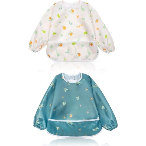 Little Dimsum Mess-Proof Baby Bibs|Infant Toddler Long Sleeve Waterproof Feeding Art Smock|Catching Food & Wipe Clean| Pack of 2 Colors(ants&dragonflies)