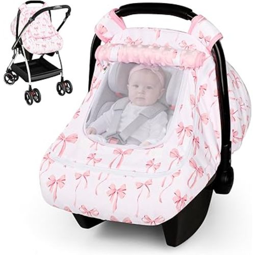 Baby Car Seat Cover with Mesh Window, Windproof Carseat Cover for Infant Girls, Infant Carseat Canopy with with Dual Zipper, Compatible with Most Baby Car Seat, Pink Bow