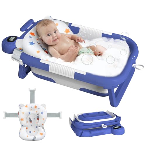 Reeple Collapsible Baby Bathtub, Baby Bath Tub for Newborn to Toddler with Floating Cushion for Bath Support, Portable Baby Tub for Infants with Temp Monitor, 0-36 Months Baby Bath Essentials, Blue