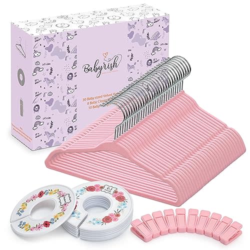 Babyrish Velvet Baby Hangers 30 Pack, Ultra Thin Nonslip Nursery Clothes Hangers with 8pcs Cute Clothing Dividers and 10pcs Hanger Clips for Baby Boys & Girls Closet Organizer, Pink Kids Hangers