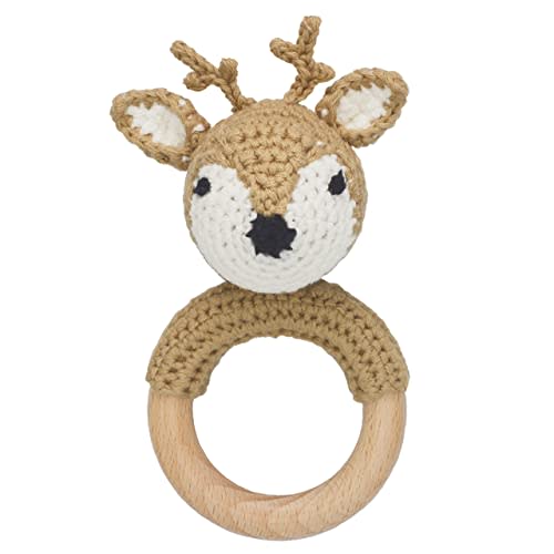 Joliecraft Woodland Friends Baby Rattle Shaker Toy with Wooden Teething Ring in White and Tan Deer