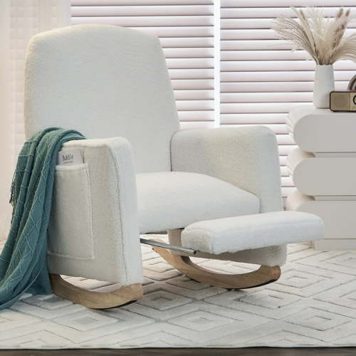 Rocking Chair Nursery Glider Chair with Adjustable FootRest, Nursery Rocking Chairs with Wood Legs Side Pocket, Teddy High Back Nursing Chair, for Living Room, Bedroom, Cozy Reading, Ivory