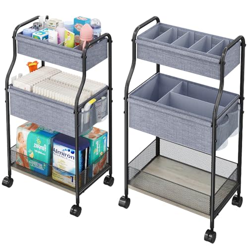 3-Tier Baby Diaper Caddy Organizer and Storage Cart with 4+2 Dividers, Mobile Metal Utility Cart with Rolling Wheels for Nursery Essentials, Large Capacity Rolling Carts for Crib, Bedroom, Bathroom
