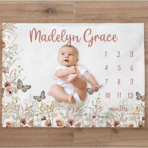 Wildflower Milestone Blanket, Personalized Baby Girl Month Blanket, Butterfly Nursery Custom Newborn Growth Tracker New Mom Baby Shower Gift