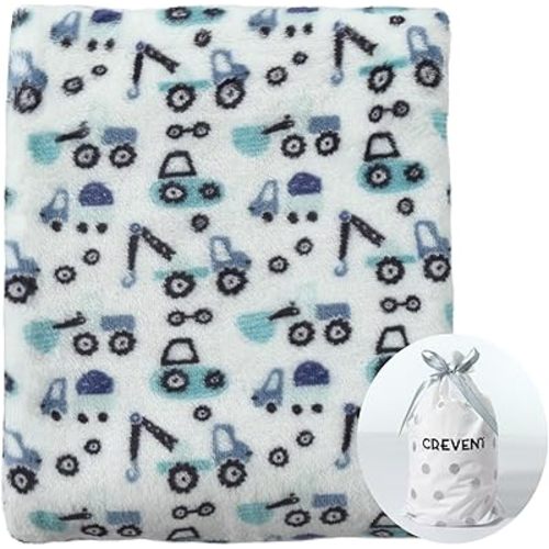 CREVENT 30"X40" Cute Lightweight Silky Cozy Warm Baby Blanket for Boys Infant Toddler Newborn Unisex Crib Cot Stroller, for All Season - Blue Truck