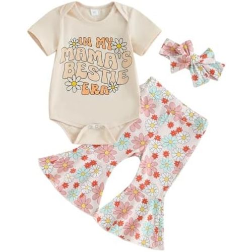 Lamuusaa Newborn Baby Girl Summer Clothes Mamas Bestie Romper Shirts Boho Floral Flared Pants Bell Bottoms Headband Set