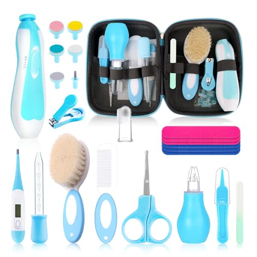 Baby Healthcare and Grooming Kit, Baby Safety Set Newborn Nursery Health Care Set with Hair Brush Scale Measuring Spoon Nail Clippers for Baby Girls Boys (24PCS Blue)