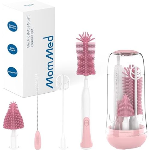 MomMed Electric Bottle Brush, Electric Baby Bottle Brush Set with Silicone Bottle/Pacifier/Straw Brush and Mixing Head, Waterproof Bottle Cleaner Brush with Drying Rack, 2 Modes & 360° Rotation Pink