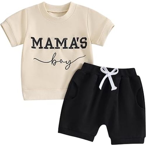 Toddler Boys Summer Outfits Mamas Boy Checkerboard Short Sleeve T-Shirts Tops and Elastic Waist Shorts Clothes Sets