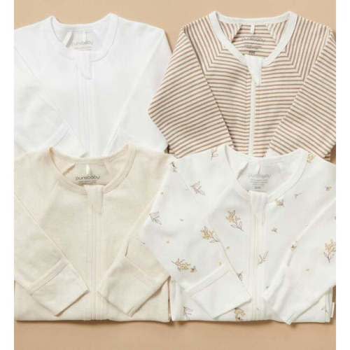 4 Pack Zip Coverall Vanilla Wattle Bee Pack - Purebaby Rompers in Newborn