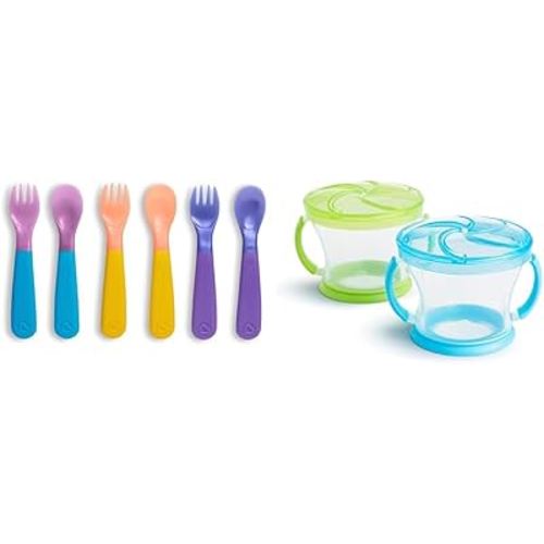 Munchkin® ColorReveal™ Color Changing Toddler Forks and Spoons, 6 Pack & Snack Catcher® Toddler Snack Cups, 2 Pack, Blue/Green