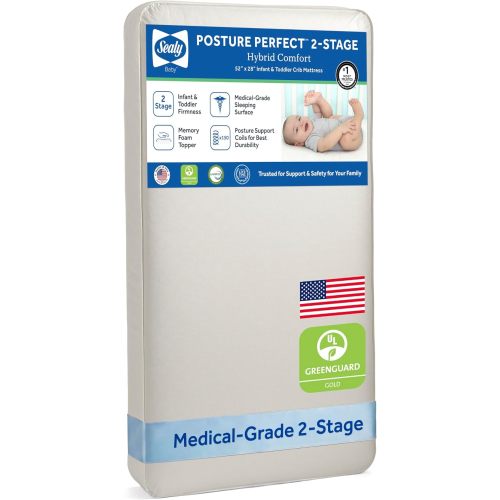 Sealy Baby Posture Perfect Breathable Crib Mattress, GREENGUARD Gold Certified, Made in USA, 2 Stage Hybrid Memory Foam & 150 Premium Coils, Toddler Bed Fit, Safety & Quality Tested, 52x28"