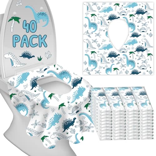 Disposable Toilet Seat Covers for Kids & Adults,Protect from Public Toilets While Potty Training or Travel - Extra Large, Waterproof, Portable -Blue Dinosaur (40pack)
