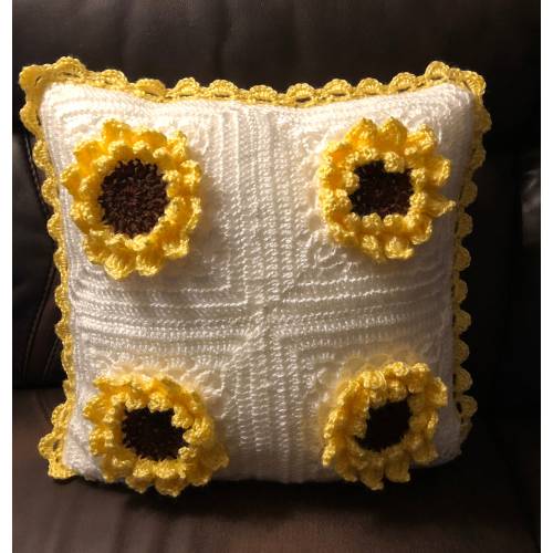 Handmade Crochet Sunflower pillow/ perfect accent to your couch/perfect for kids bedroom/decorative pillow (18 inch)
