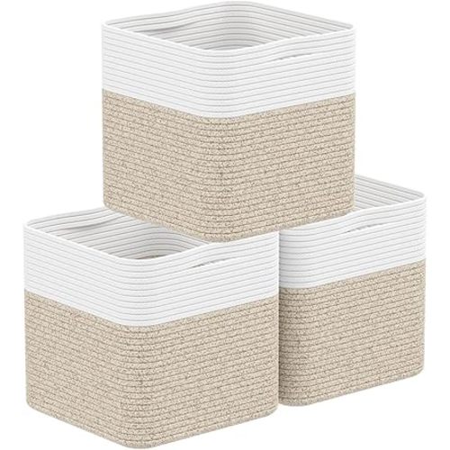 Storage Cotton Cubes 11 Inch, Woven Cotton Rope Storage Baskets for Toys Blanket Organizing, Storage Bins Decorative Organizer with Handles for Living Room Laundry Room Closet (3 Pack, Oatmeal Brown)