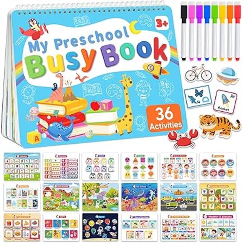Toddler Busy Book Preschool Learning Activities, Montessori Educational Toys for 3 4 year old Boy Girl Gifts, Tracing Coloring Activity Books for Kids Ages 3-5, Autism Sensory Travel Toys for Toddlers