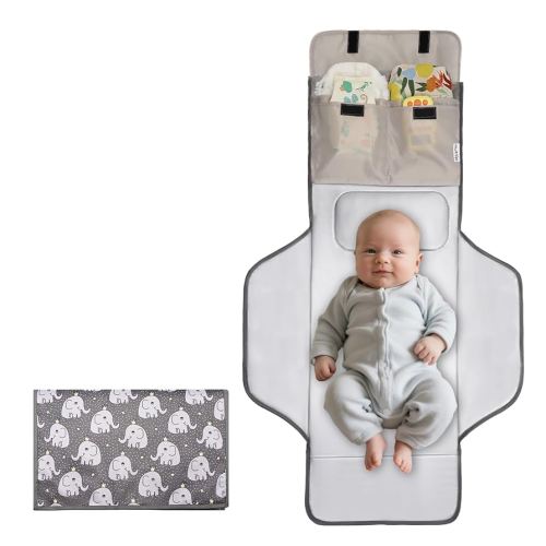 Extra Long Large Lightweight Portable Diaper Changing Mat with Storage Pockets, Waterproof Foldable Travel Changing Pad,On The Go Wipeable Reusable Changing Pad for Car, Diaper Bag (Elephant)