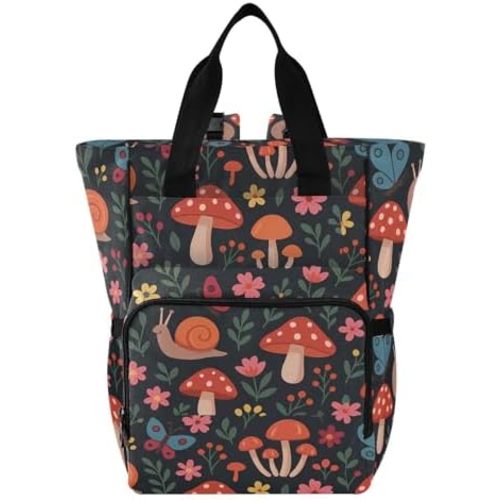 linqin Diaper Bag Backpack, Mushroom with Snails Multifunctional Travel Backpack Maternity Changing Bags, Large Unisex Baby Bag Tote