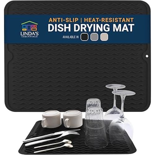 Silicone Dish Drying Mat for Kitchen Counter - Multi-Use 16 x 12 Inch Pad, Non-Slip & Heat-Resistant, Perfect Drying Matt for Dishes by Linda’s Essentials, Ideal Kitchen Accessory (Black)