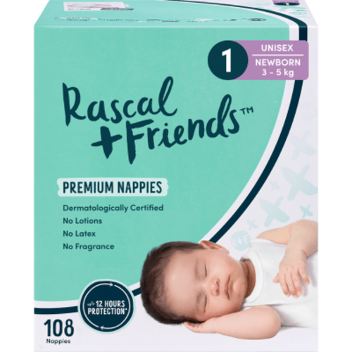 Rascals Premium Nappies Unisex 3-5kg Newborn 108pk