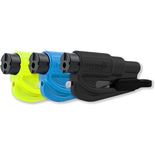 Resqme Family Pack of 3, The Original Emergency Keychain Car Escape Tool, 2-in-1 Seatbelt Cutter and Window Breaker, Made in USA, Black, Blue, Safety Yellow