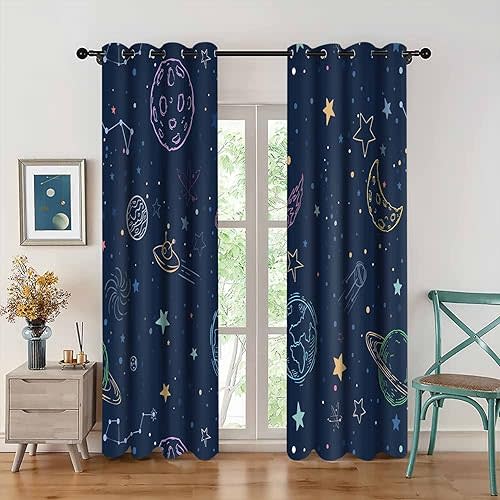 Navy Blue Blackout Curtains Space Theme Curtains Star Moon Planet Printed Children Bedroom Window Drapes for Bedrooms Living Rooms 2 Panels 42x84 inch CLYYMS013