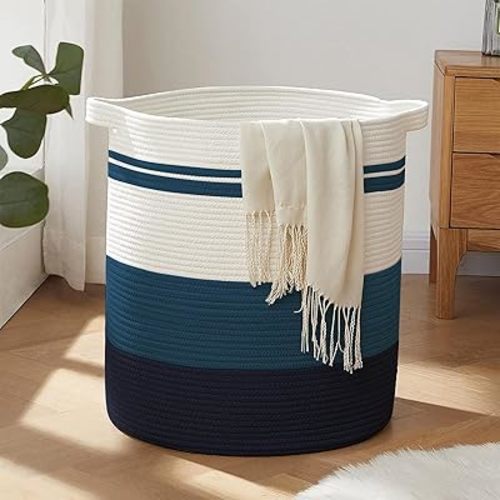 OIAHOMY 80L Laundry Hamper,Storage Basket with Handles,Decorative Basket for Living room,Woven Storage Basket for Toys Bin,Pillows, Blankets,Clothes-20x18in-Gradient Blue
