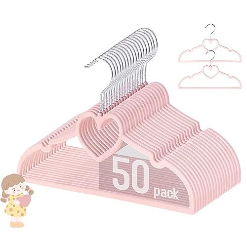GOSCHE Kids Velvet Hangers (12.8 Inch - 50 Pack), Non-Slip Baby Clothes Hangers for Closet, Ultra Slim Space Saving Childrens Hangers, 360Degree Swivel-Hook, Infant/Toddler Hangers, Dark Pink