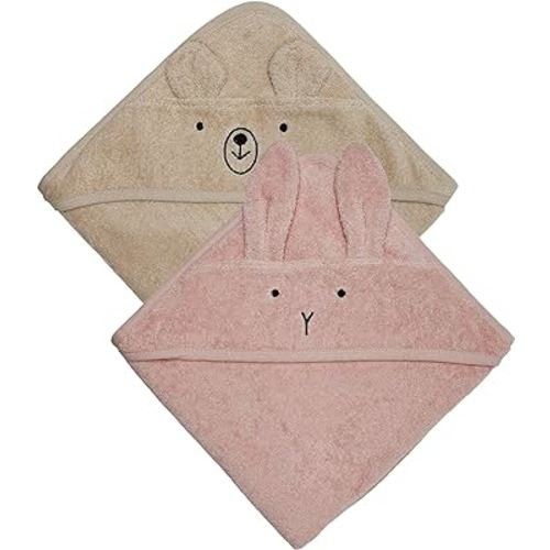 Huxie Denmark - Premium Organic Cotton Baby Bath Towel – Hooded Toddler and Baby Towels for Newborn Girl and Boy – Super Soft and Absorbent, 32 x 32-2-Pack (Towel Rabbit Blush/Bear Fog)