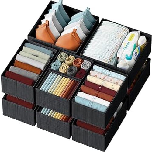Drawer Organizer Clothes Set of 12 Black - Dresser Organizer For Nursery, Bedroom, Closet - The Perfect Baby Clothes Organizer and Storage & General Nursery Organization or Dresser Drawer Organizers