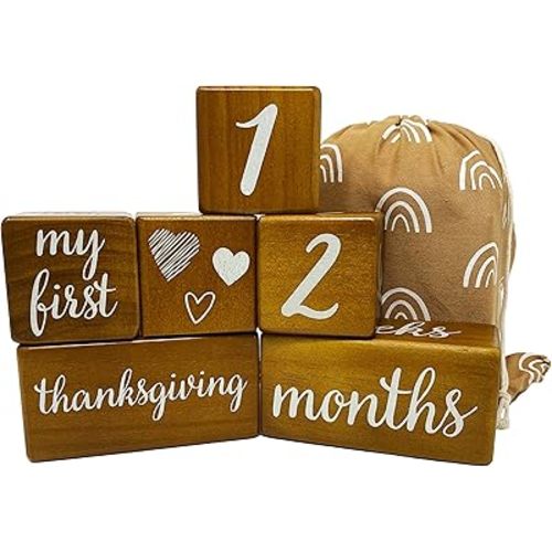 Pondering Pine Baby Milestone Blocks - Natural Brown Stain Pine Wood with Weeks Months Years Grade and Holidays, Newborn Weekly Monthly First Year Picture Props, 6 Block Milestones Age Set with Bag