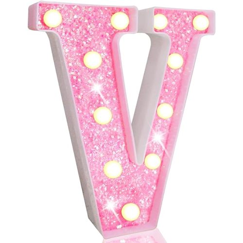 Pooqla LED Marquee Letter Lights, Light Up Pink Letters Glitter Alphabet Letter Sign Battery Powered for Night Light Birthday Party Wedding Girls Gifts Home Bar Christmas Decoration, Pink Letter V