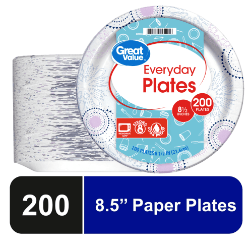 Great Value Everyday Disposable Paper Plates, 8.5", 200 Count