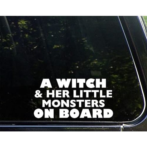 A Witch and Her Little Monsters On Board (7-1/2" x 3-3/4") Die Cut Decal Bumper Sticker for Windows, Cars, Trucks, Etc.