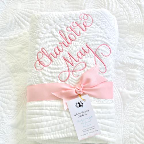 Personalized Baby Quilt With Date Blanket New Mom Newborn Name Gift for Girl Boy Fancy Swirl Font Monogrammed Blanket Baby Shower Gift
