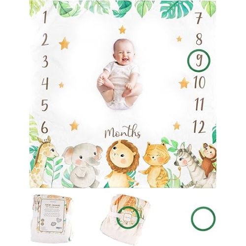 Monthly Baby Milestone Blanket,47"x47" Premium Fleece Baby Monthly Milestone Blanket for Baby Boy or Baby Girl with Felt Marker, Baby Month Milestone Blanket (Safari Animals)