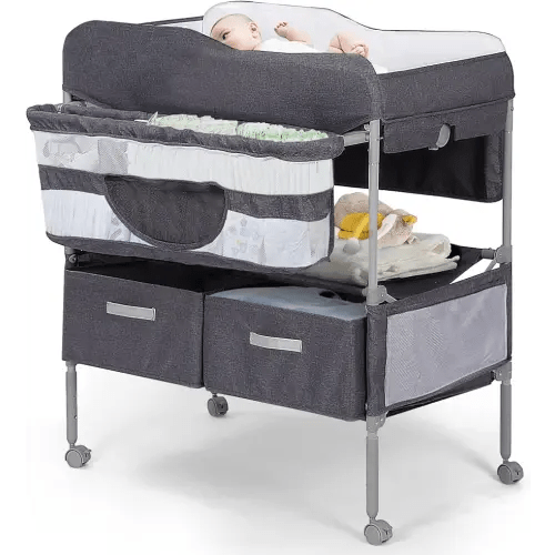 Baby Changing Table, Portable Changing Table with 2 Storage Baskets, Adjustable Heights, Foldable Changing Table Dresser with Soft Waterproof Changing Station for Newborns & Infant