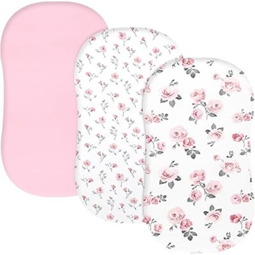 PHF 3 Pack Soft Bassinet Sheets, Rose Floral Comfy Polyester Cradle Sheets for Baby Boys Girls, Universal Fit for Most Cradle and Bassinet Mattress, Pink Floral