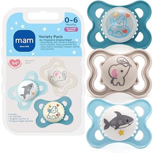 MAM Variety Pack Baby Pacifier, Includes 3 Types of Pacifiers, Nipple Shape Helps Promote Healthy Oral Development, 3 Pack, 0-6 Months, Boy
