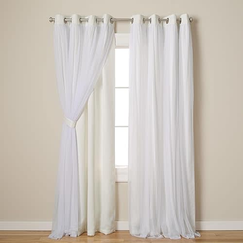 TOWN & COUNTRY LUXE Exclusive Home Catarina Layered Solid Room Darkening Blackout and Sheer Grommet Top Curtain Panel Pair, 52x96, Vanilla