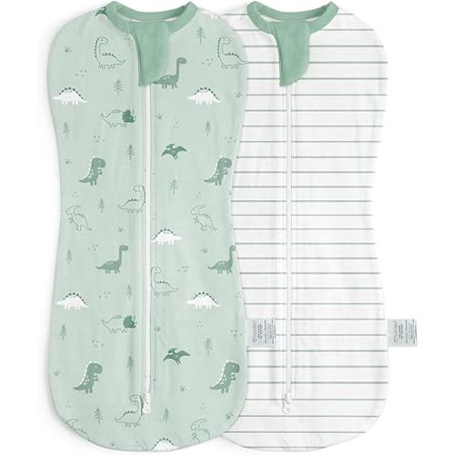 Baby Swaddle 0-2 Months, Cotton Arm-In Zipper Sleep Sack, Wearable Blankets Wrap for Newborn Infant Boys (Dinosaur, Stripe, Pack of 2)