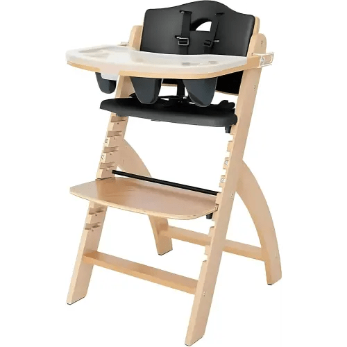 Abiie Beyond Junior Wooden High Chair with Tray - Adjustable and Convertible High Chair for Babies and Toddlers - 6 Months to 250 Lb - Water Resistant - Natural Wood with Black Pearl Cushion