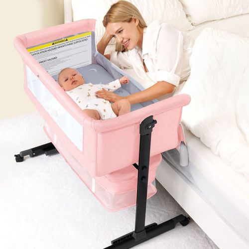 Semphis Baby Bassinet Foldable Portable Bedside Crib,Storage Basket Breathable Mesh,Pink