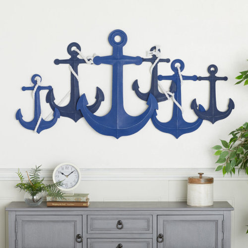 Longshore Tides Metal Indoor Outdoor Anchor Blue Wall Decor with White Rope Detailing & Reviews | Wayfair