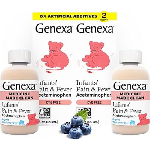 Genexa Infants’ Clean Pain & Fever Acetaminophen, Dye Free, 0% Artificial Additives, Delicious Organic Blueberry Flavor, Liquid Oral Suspension Medicine for Baby, 160 mg per 5mL, 4 fl oz (2 Pack)