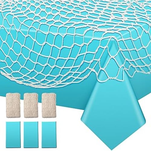 Unittype 6 Pcs Fish Net Decorative and Tablecloth Set, Cotton Fishnet and Plastic Table Cover Decorations Set for Nautical Themed Party Baby Shower Pirate Decorations Mermaid Party(Turquoise)