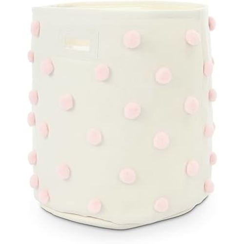 Pink 17.5" D x 20.8" H Pom Pom Basket Bin Large Cotton Canvas Laundry Hamper Baby Girl Laundry Basket Storage, Baby Nursery Hamper for Nursery Playroom Home Room Organizer Decor
