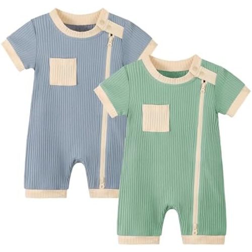 Volunboy Newborn Summer Clothes Unisex Baby Boy Girl 2 Pack Rompers Short Sleeve Two Way Zipper One-piece Jumpsuits Bodysuits