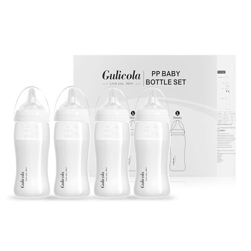 Gulicola PP Baby Bottles for Breastfed Babies, Fast Flow Nipples (L), 6 Months Plus, Wide Neck, BPA Free, 10 oz & 4 Pack - White